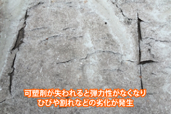 可塑剤が失われると弾力性がなくなりひびや割れなどの劣化が発生