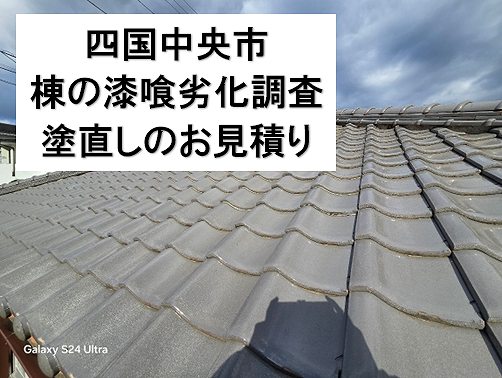 四国中央市で棟の漆喰調査。所々剥がれ落ちているので塗直しのご提案をします。
