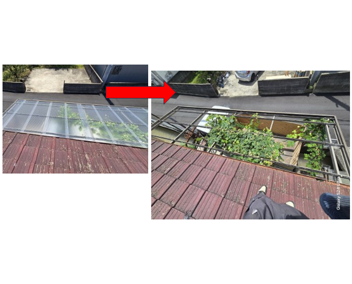 四国中央市で築40年のセメント瓦屋根を板金屋根へ葺き替え工事開始。既存瓦の撤去。