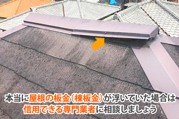 本当に屋根の板金（棟板金）が浮いていた場合は、信用できる専門業者に相談しましょう